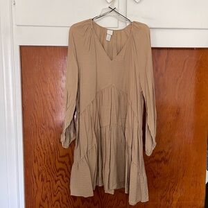 H&M flowy babydoll dress with long sleeves in tan